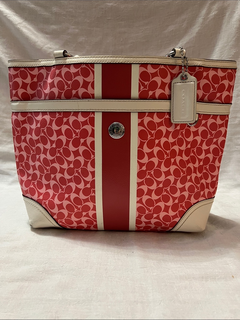 Coach Pink and Cream Signature Stripe Tote